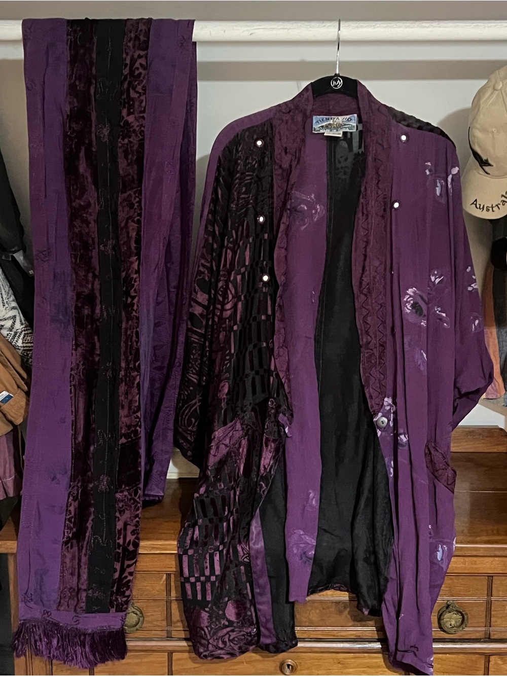 Boho Purple Kimono Jacket with Scarf - Vintage and hand painted
